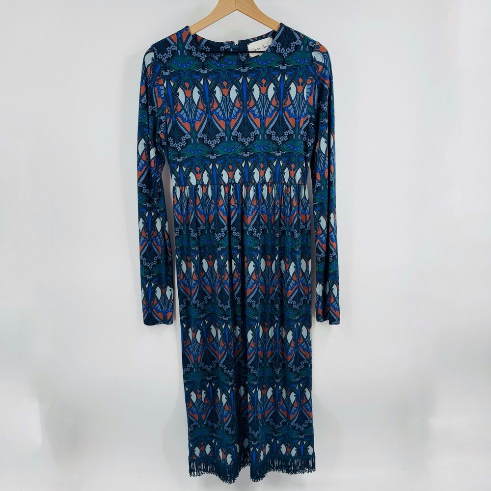 Cara Cara Liza Long Sleeve Printed Midi Fringe Hem Dress Blue Green Size M - Picture 9 of 9